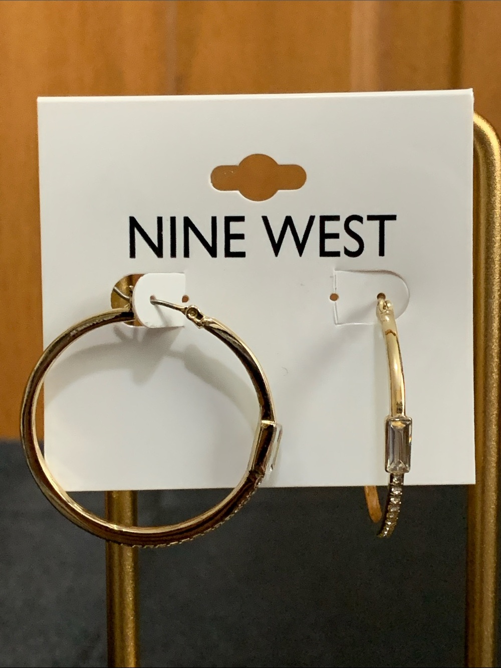 NWT Nine West gold tone clear stone hoop earrings